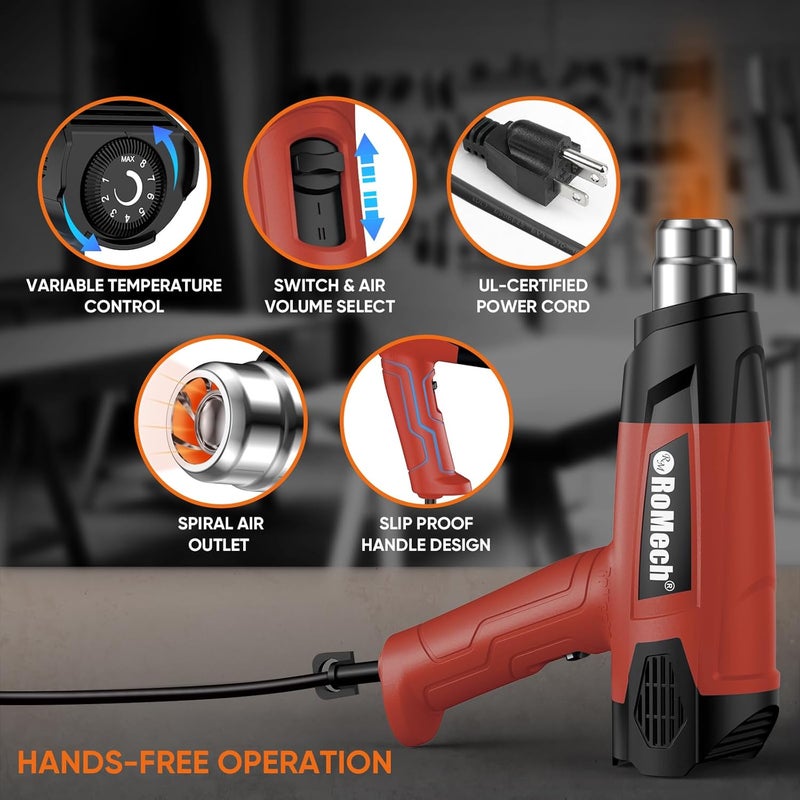 ROMECH 1500W Heavy Duty Heat Gun, Variable Temperature Control Hot Air Gun Kit with 2 Air Flow 120°F~1200°F and 4 Nozzles for Crafts Shrink Wrap (Red) - Image 4